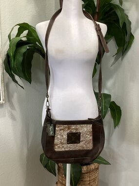 Myra Bag Brown Leather Crossbody with Haircalf Accent
